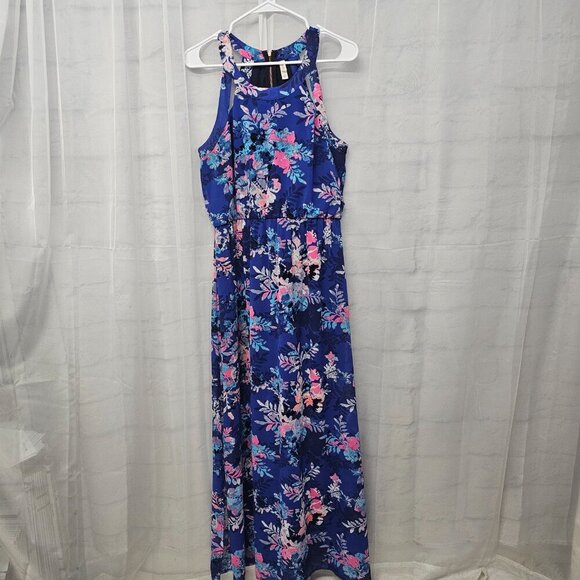 Xhiliration Blue Pink Floral Tropical Sleeveless Maxi Dress L - Picture 9 of 12